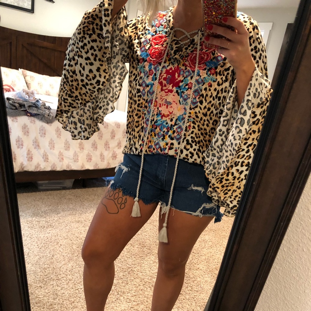 Leopard print embroidered lace up tunic shirt